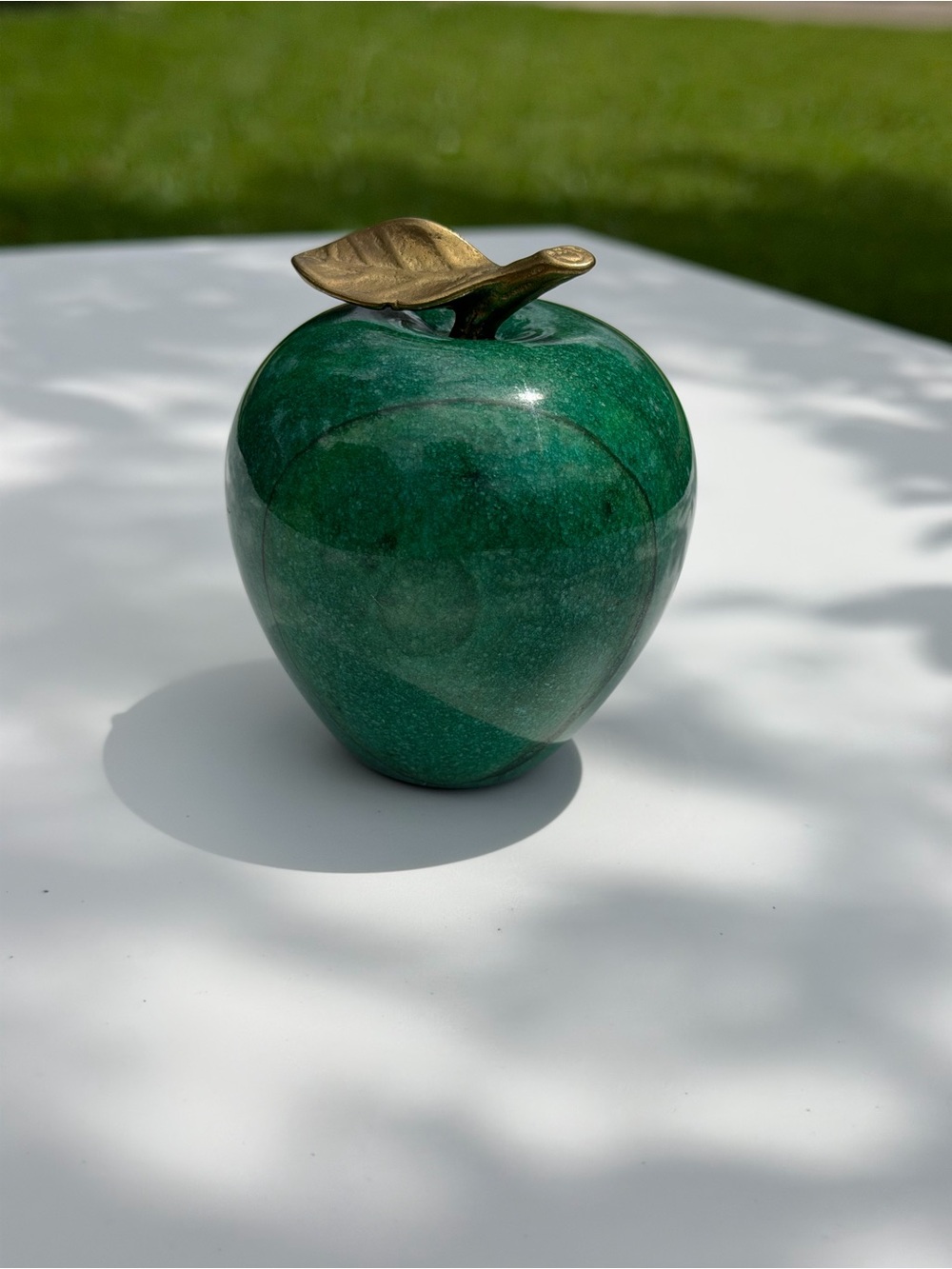 Vintage Green Marble Apple Paperweight Figurine w/ Brass Leaf and Stem 3.5"